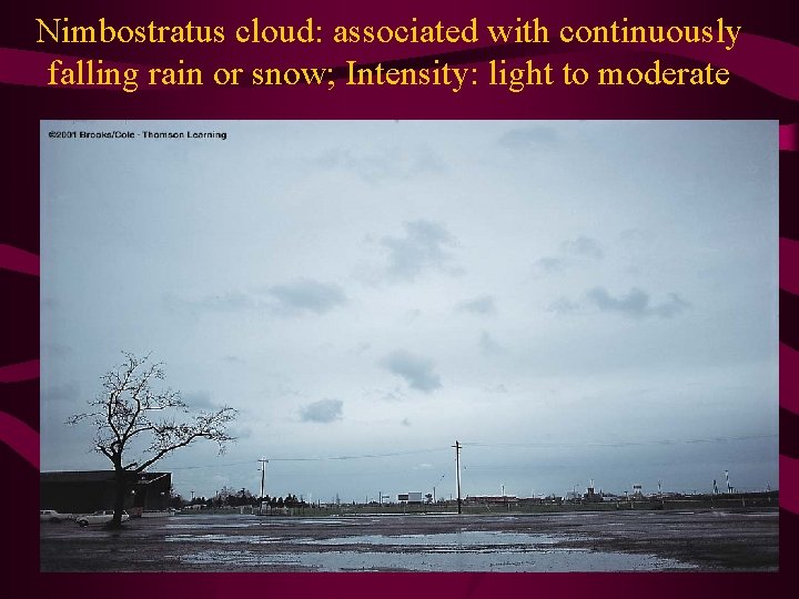 Nimbostratus cloud: associated with continuously falling rain or snow; Intensity: light to moderate 