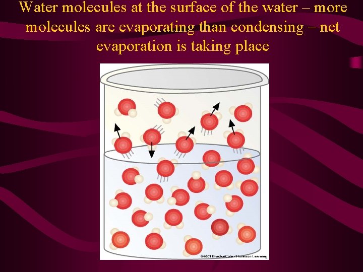 Water molecules at the surface of the water – more molecules are evaporating than