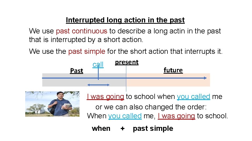 Interrupted long action in the past We use past continuous to describe a long