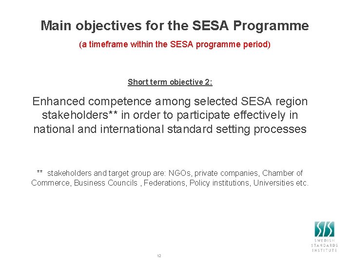Main objectives for the SESA Programme (a timeframe within the SESA programme period) Short