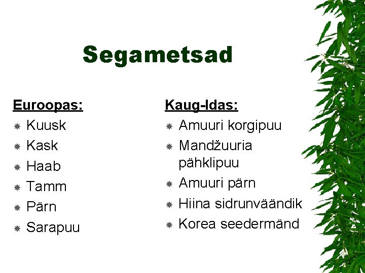 Segametsad Euroopas: Kuusk Kask Haab Tamm Pärn Sarapuu Kaug-Idas: Amuuri korgipuu Mandžuuria pähklipuu Amuuri