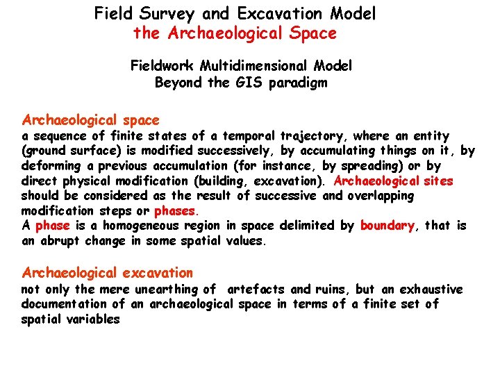 Field Survey and Excavation Model the Archaeological Space Fieldwork Multidimensional Model Beyond the GIS