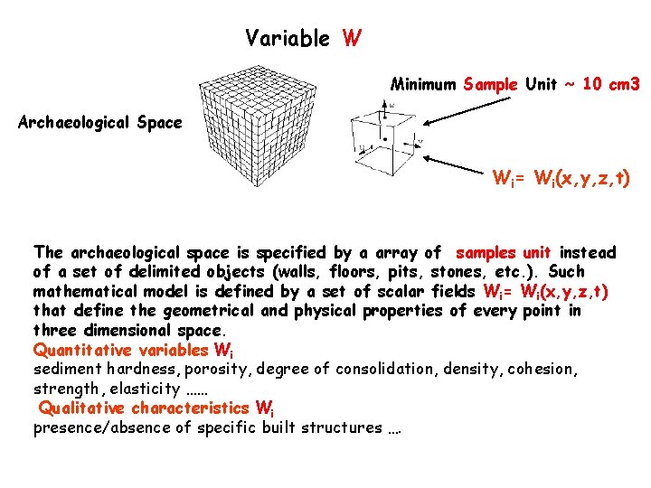 Variable W Minimum Sample Unit ~ 10 cm 3 Archaeological Space Wi= Wi(x, y,