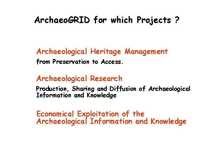 Archaeo. GRID for which Projects ? Archaeological Heritage Management from Preservation to Access. Archaeological