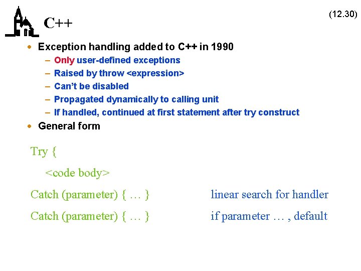 (12. 30) C++ · Exception handling added to C++ in 1990 – – –