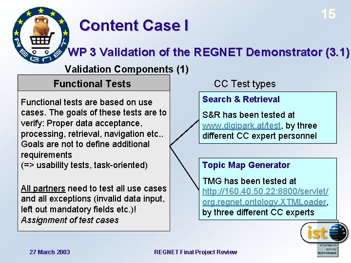 15 Content Case I WP 3 Validation of the REGNET Demonstrator (3. 1) Validation