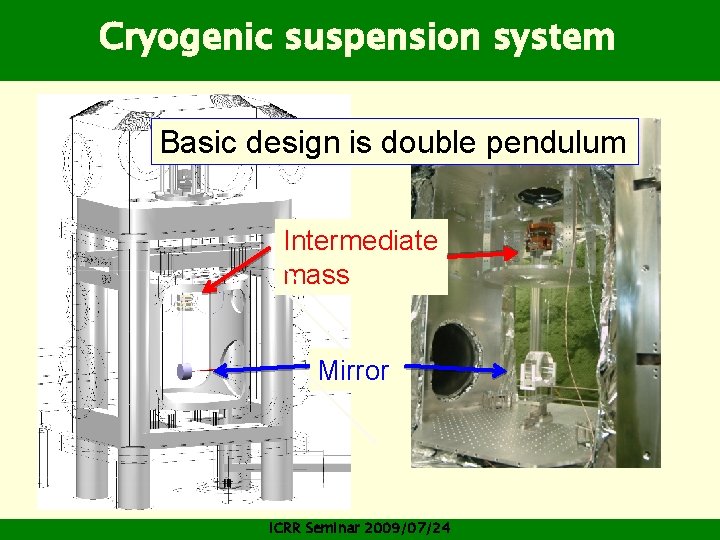 Cryogenic suspension system Basic design is double pendulum Intermediate mass Mirror ICRR Seminar 2009/07/24