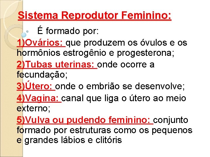 Sistema Reprodutor Feminino: É formado por: 1)Ovários: que produzem os óvulos e os hormônios