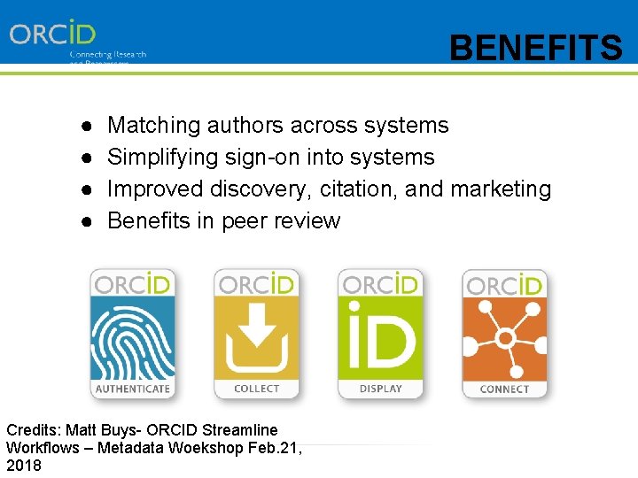 BENEFITS ● ● Matching authors across systems Simplifying sign-on into systems Improved discovery, citation,