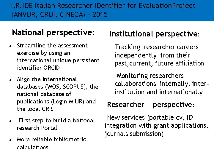 I. R. IDE Italian Researcher IDentifier for Evaluation. Project (ANVUR, CRUI, CINECA) - 2015