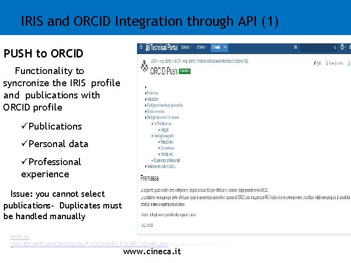 IRIS and ORCID Integration through API (1) PUSH to ORCID Functionality to syncronize the