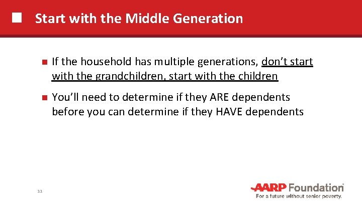 Start with the Middle Generation If the household has multiple generations, don’t start with