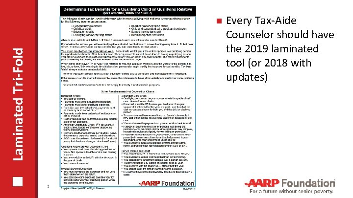 Laminated Tri-Fold 2 NTTC Training – TY 2018 Every Tax-Aide Counselor should have the