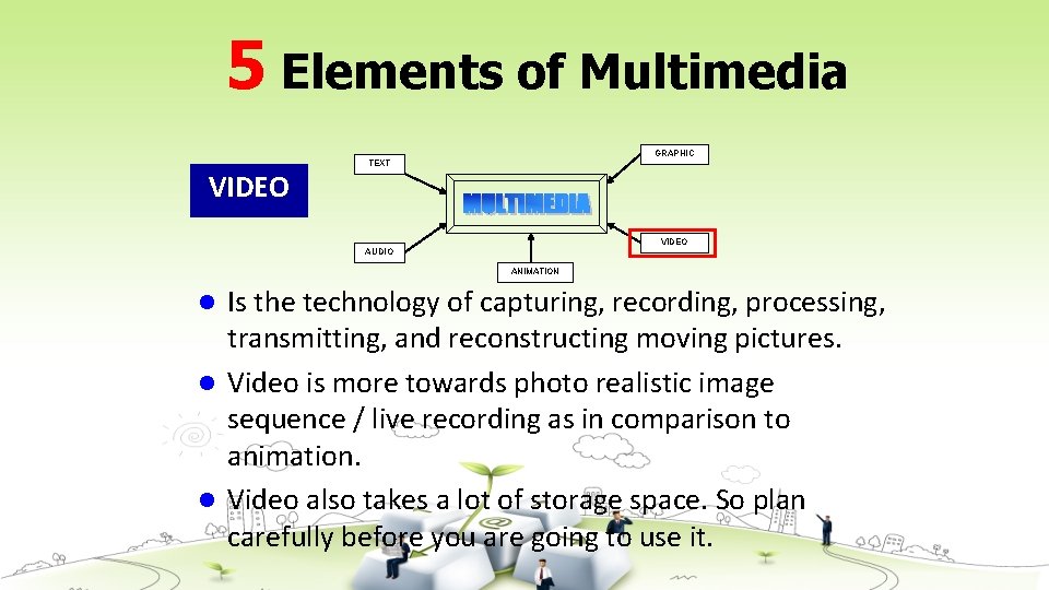 5 Elements of Multimedia GRAPHIC VIDEO TEXT VIDEO AUDIO ANIMATION Is the technology of