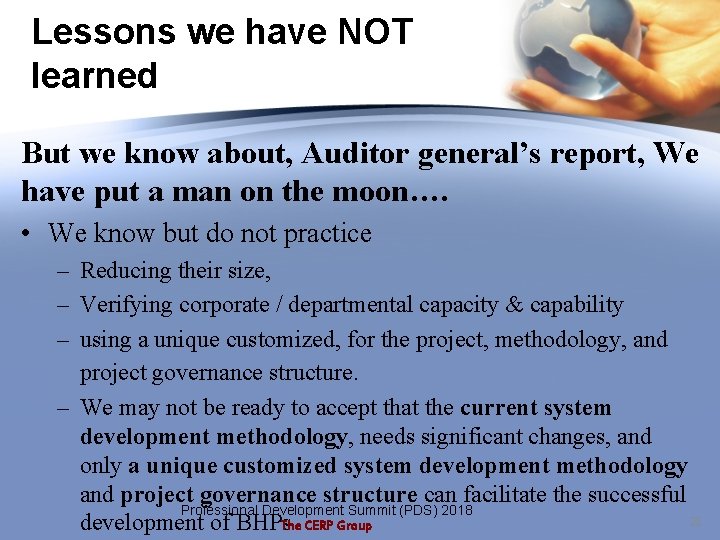 Lessons we have NOT learned But we know about, Auditor general’s report, We have