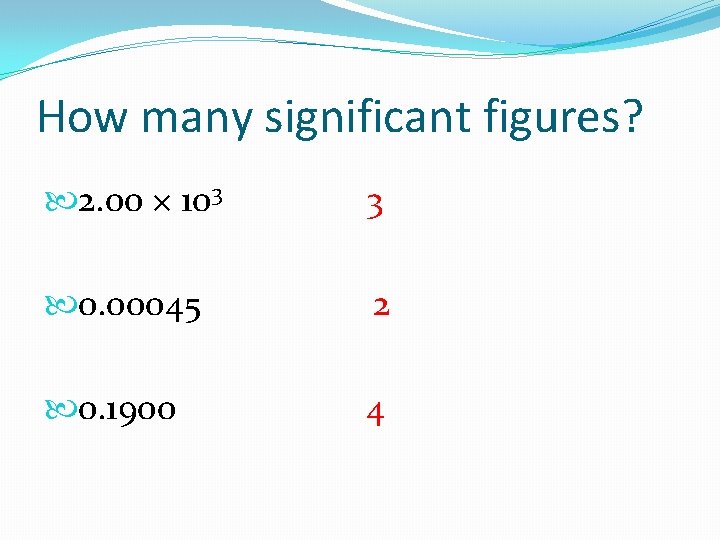 How many significant figures? 2. 00 × 103 3 0. 00045 2 0. 1900