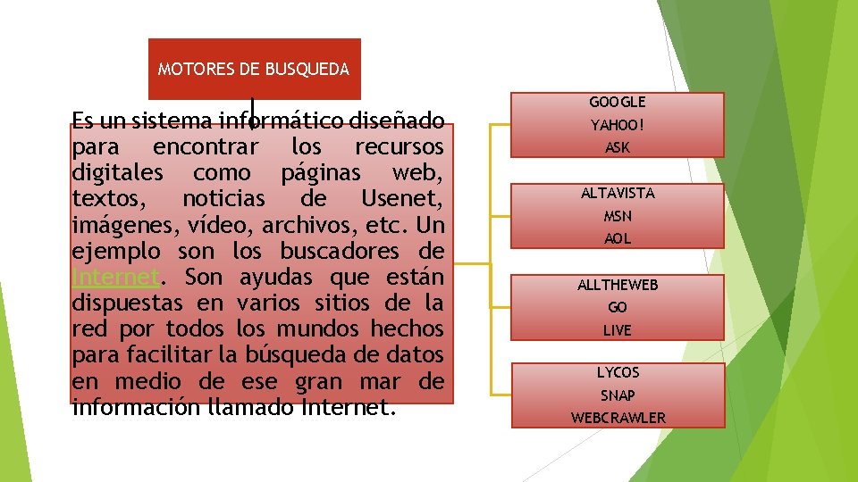 MOTORES DE BUSQUEDA Es un sistema informático diseñado para encontrar los recursos digitales como