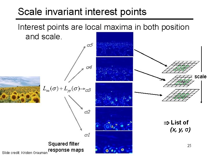 Scale invariant interest points Interest points are local maxima in both position and scale.