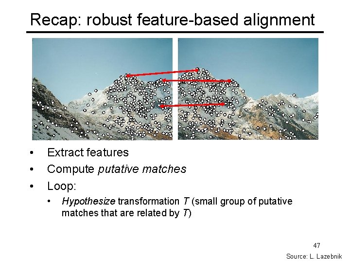 Recap: robust feature-based alignment • • • Extract features Compute putative matches Loop: •
