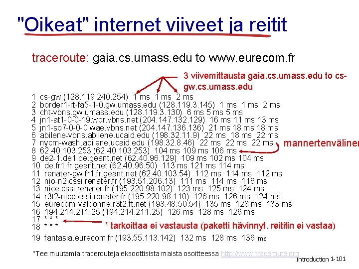 "Oikeat" internet viiveet ja reitit traceroute: gaia. cs. umass. edu to www. eurecom. fr