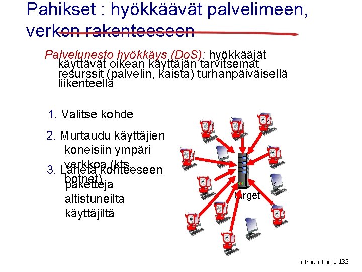 Pahikset : hyökkäävät palvelimeen, verkon rakenteeseen Palvelunesto hyökkäys (Do. S): hyökkääjät käyttävät oikean käyttäjän