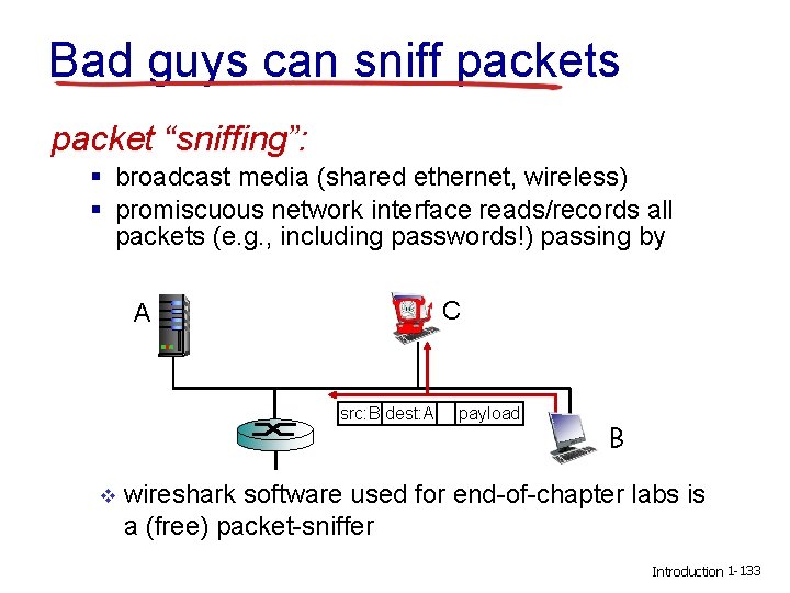 Bad guys can sniff packets packet “sniffing”: § broadcast media (shared ethernet, wireless) §