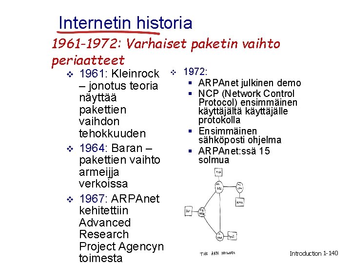 Internetin historia 1961 -1972: Varhaiset paketin vaihto periaatteet v v v 1961: Kleinrock –