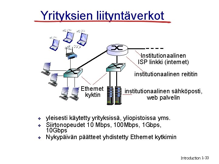Yrityksien liityntäverkot Institutionaalinen ISP linkki (internet) institutionaalinen reititin Ethernet kyktin v v v institutionaalinen