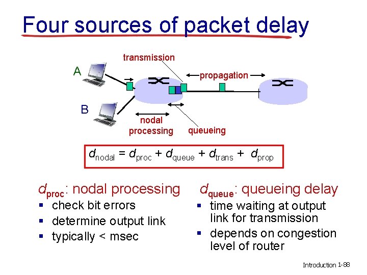 Four sources of packet delay transmission A propagation B nodal processing queueing dnodal =
