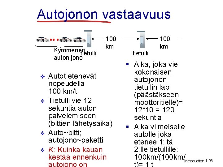 Autojonon vastaavuus Kymmenen tietulli auton jono v v 100 km Autot etenevät nopeudella 100