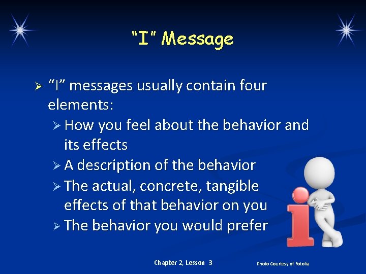 “I” Message Ø “I” messages usually contain four elements: Ø How you feel about