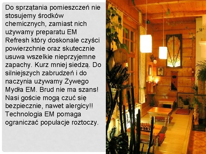 Do sprzątania pomieszczeń nie stosujemy środków chemicznych, zamiast nich używamy preparatu EM Refresh który