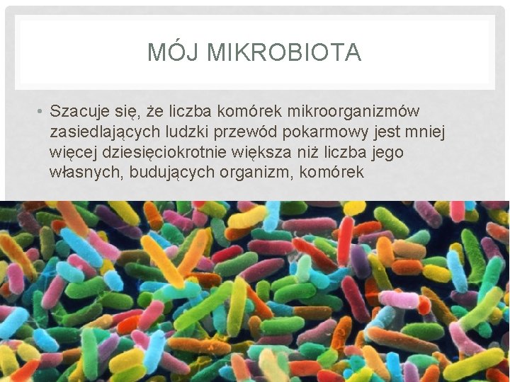 MÓJ MIKROBIOTA • Szacuje się, że liczba komórek mikroorganizmów zasiedlających ludzki przewód pokarmowy jest