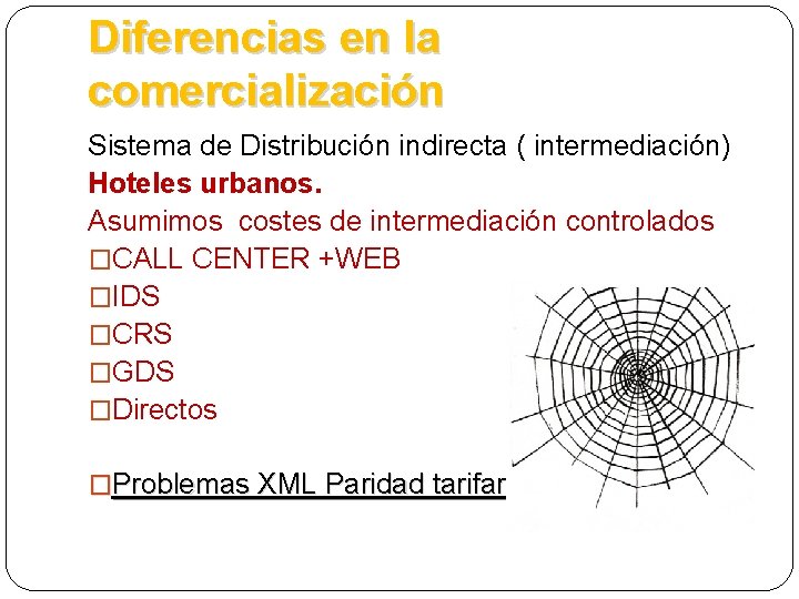 Diferencias en la comercialización Sistema de Distribución indirecta ( intermediación) Hoteles urbanos. Asumimos costes