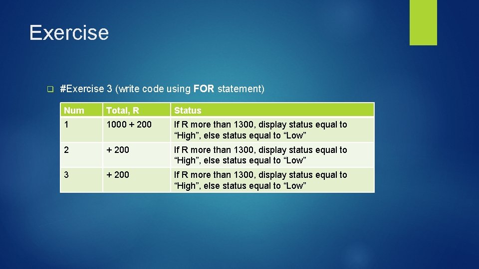 Exercise q #Exercise 3 (write code using FOR statement) Num Total, R Status 1