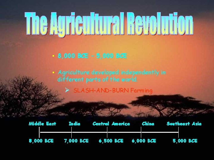 § 8, 000 BCE – 5, 000 BCE § Agriculture developed independently in different