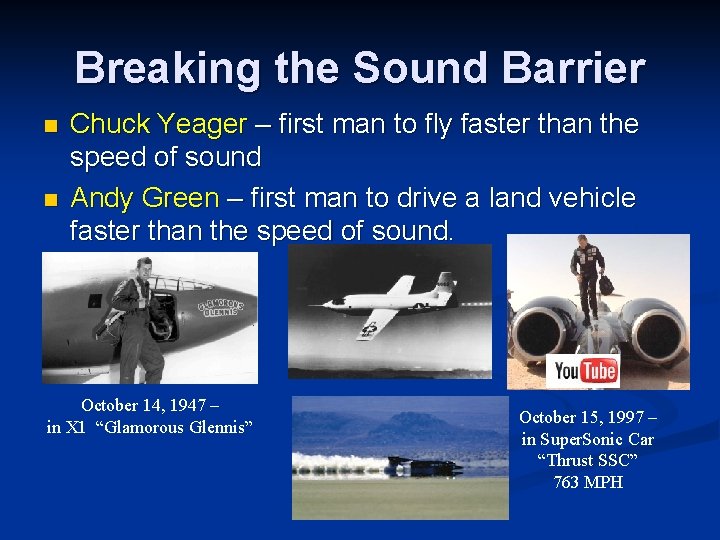 Breaking the Sound Barrier n n Chuck Yeager – first man to fly faster