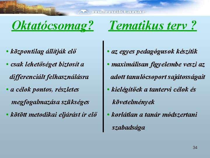 Oktatócsomag? Tematikus terv ? • központilag állítják elő • az egyes pedagógusok készítik •