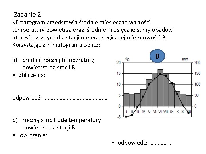 Zadanie 2 Klimatogram przedstawia średnie miesięczne wartości temperatury powietrza oraz średnie miesięczne sumy opadów