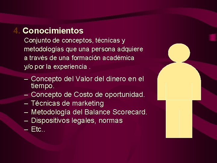 4. Conocimientos Conjunto de conceptos, técnicas y metodologías que una persona adquiere a través