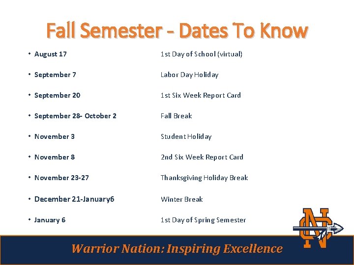 Fall Semester - Dates To Know • August 17 1 st Day of School