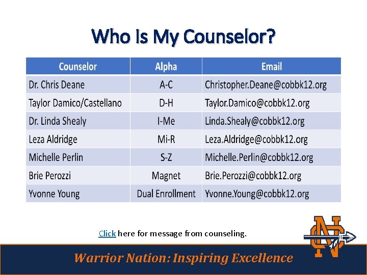 Who Is My Counselor? Click here for message from counseling. Warrior Nation: Inspiring Excellence