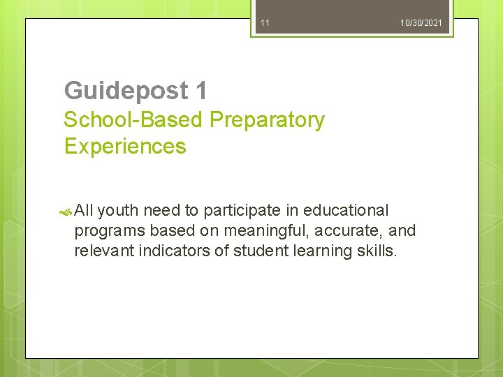 11 10/30/2021 Guidepost 1 School-Based Preparatory Experiences All youth need to participate in educational