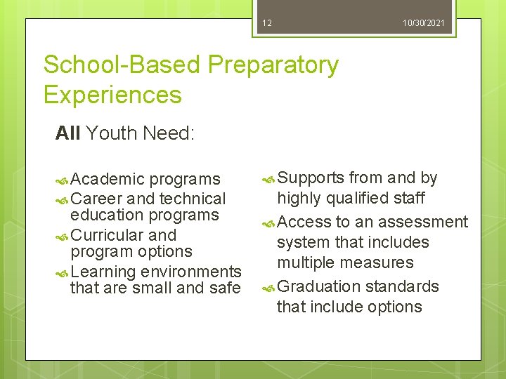 12 10/30/2021 School-Based Preparatory Experiences All Youth Need: Academic programs Career and technical education