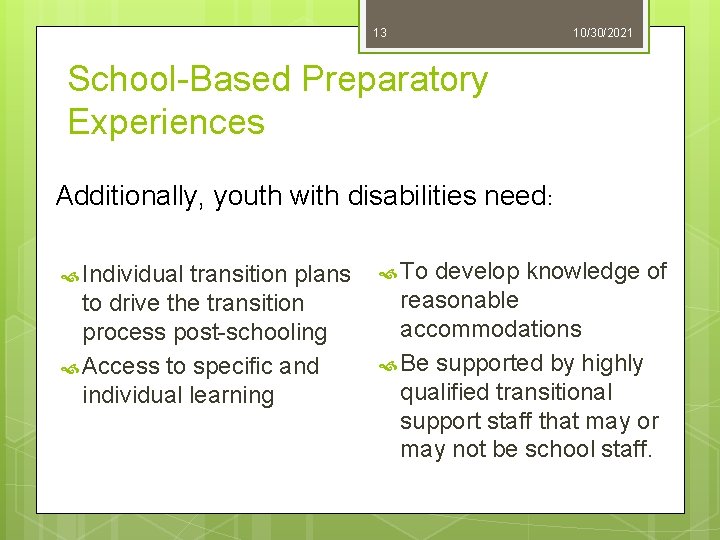 13 10/30/2021 School-Based Preparatory Experiences Additionally, youth with disabilities need: Individual transition plans to