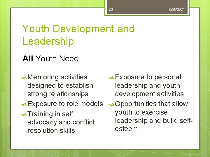 20 10/30/2021 Youth Development and Leadership All Youth Need: Mentoring activities designed to establish