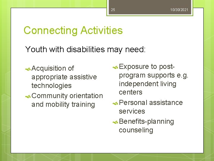 25 10/30/2021 Connecting Activities Youth with disabilities may need: Acquisition of appropriate assistive technologies