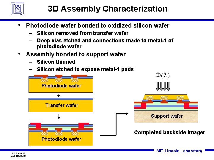 3 D Assembly Characterization • Photodiode wafer bonded to oxidized silicon wafer – Silicon