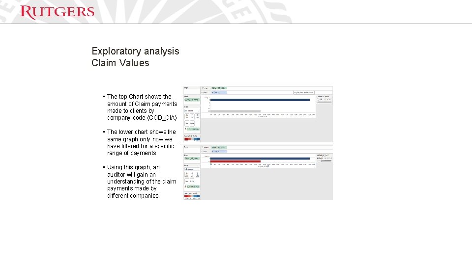 Exploratory analysis Claim Values • The top Chart shows the amount of Claim payments Exploratory analysis Claim Values • The top Chart shows the amount of Claim payments