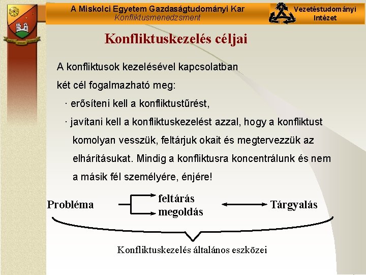 A Miskolci Egyetem Gazdaságtudományi Kar Konfliktusmenedzsment Vezetéstudományi Intézet Konfliktuskezelés céljai A konfliktusok kezelésével kapcsolatban